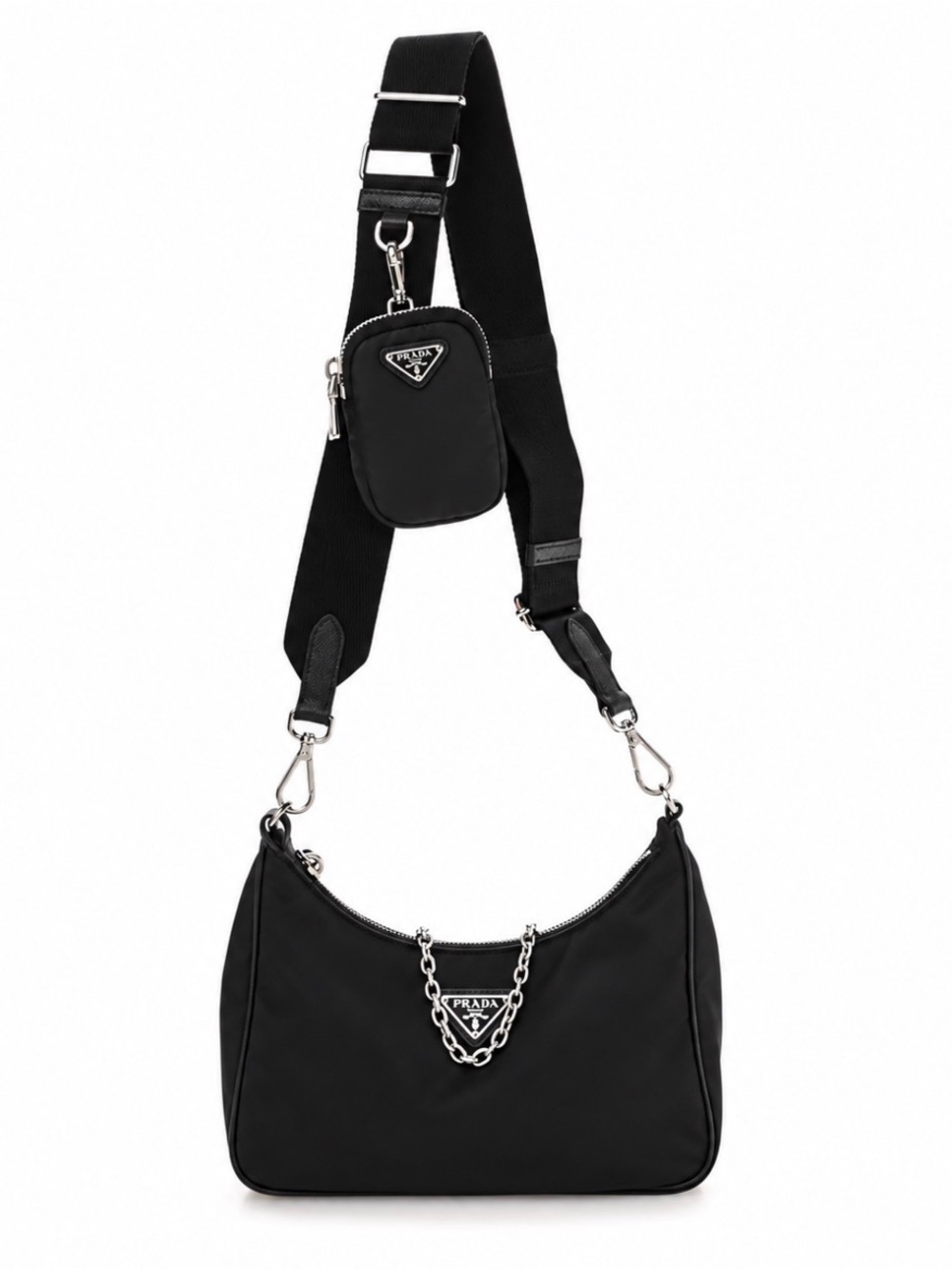 Prada Black Nylon Shoulder & Crossbody Bag with Silver Chain + Pouch